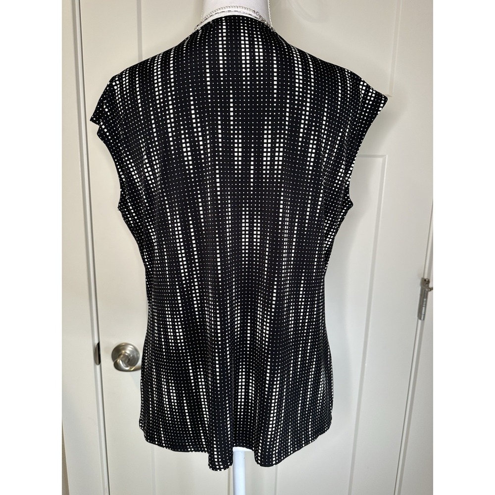 Liz Claiborne Petite PM Blouse‎ Black White Dot Print Keyhole Tie Neck Stretch - Picture 2 of 6